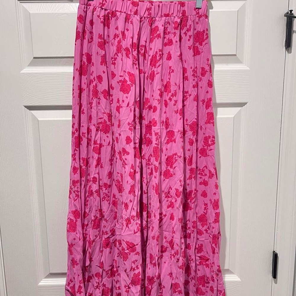 Women Pink Floral Rose Print Maxi Skirt Elastic Waist Flowy Polyester Large